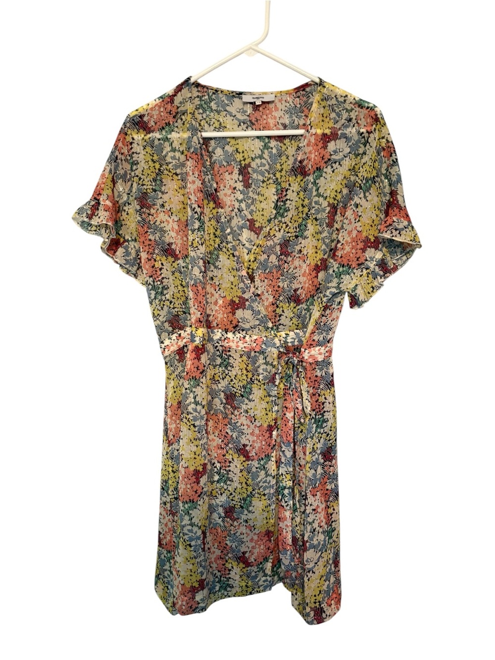 SUNCOO Paris Dress Floral Semi Sheer Multicolor Metallic Threading Size Large